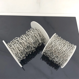 Detail of silver stainless steel paperclip chain roll on white plastic spool for jewelry DIY