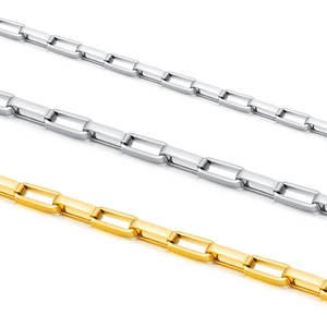 Polished stainless steel rectangular paperclip link chain in gold and silver finishes