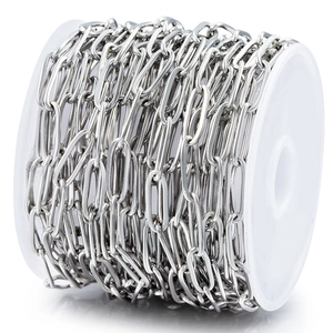 Polished silver stainless steel paperclip link chain on white plastic spool for DIY jewelry