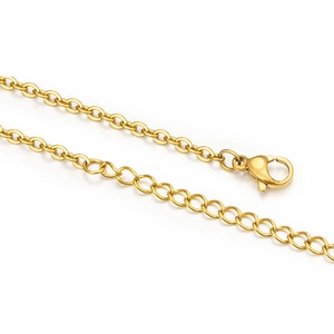 Detail macro-opname van een gouden roestvrijstalen schakelketting met karabijnsluiting