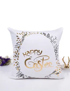 Detail of Happy Easter pillowcase with gold foil text and floral wreath decoration