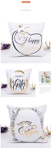 Detail view of gold foil Happy Easter pillow covers with rabbit and egg patterns