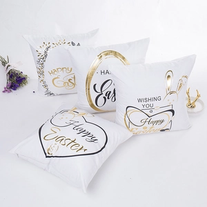 Easter Gold Stamping Pillowcase Polyester Cotton Blend Happy Easter Rabbit Egg Heart Flower Pattern Decorative Cushion Cover Home Decor