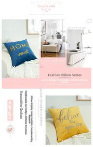 Detail of embroidered velvet cushions with golden HOME SWEET lettering on soft blue fabric