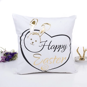 White Easter rabbit throw pillow cover with golden Happy Easter print and heart frame