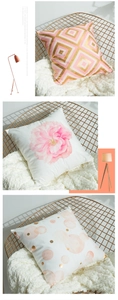 Detailed views of three cushion covers featuring pink floral and gold geometric patterns