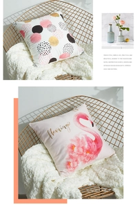 Detail of velvet pillow covers featuring pink flamingo and golden geometric dot patterns