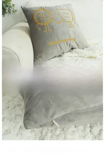 Gray velvet pillowcase with gold embroidery and white invisible zipper detail