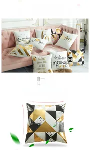 Detail of modern white throw pillow covers with gold foil laser patterns and soft textures