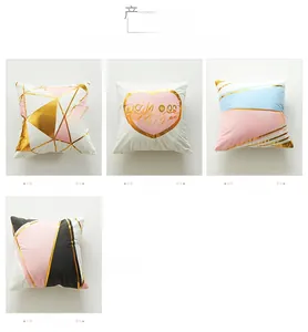 Close-up of four geometric cushion covers with laser gold foil stamping and modern patterns
