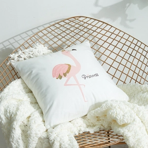 White velvet pillow cover featuring a pink flamingo princess design on a gold mesh chair