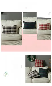Close-up of knit plaid pillow covers with textured rustic wool fabric for holiday decor