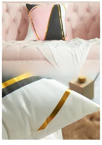 Detail of pink and black geometric pillow cover with gold foil lines and soft velvet texture