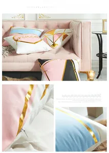 Detail of pink velvet pillow cover with gold foil geometric patterns and hidden zipper