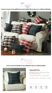 Detailed close-up of knitted Christmas plaid pillow covers in red and green festive patterns