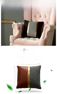 Detail of luxury patchwork cushion covers featuring houndstooth, gold ribbon and leather