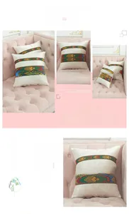 Close-up of velvet decorative pillow with colorful bohemian ribbon on a pink sofa