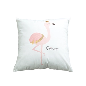 Minimalist white pillowcase with pink flamingo, gold crown, and Princess lettering
