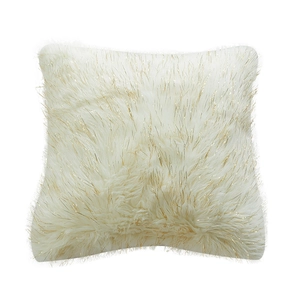 Plush off-white square pillow cover featuring soft faux fur with elegant gold tinsel accents