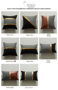 Grid view of 8 modern cushion covers with houndstooth, black fabric and brown leather
