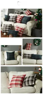 Close-up of the textured knitted plaid pattern and fabric weave on the cushion cover