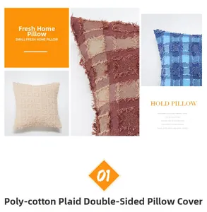 Close-up of textured poly-cotton checkered fabric with frayed edge detail on pillowcase