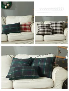 Detailed close-up of plaid wool pillow covers in festive Christmas patterns and textures