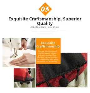 Detail of red and black buffalo plaid pillow cover showing hidden zipper and pom-pom trim