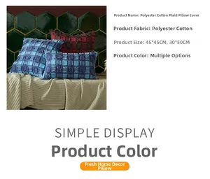 Detail of plaid cushion cover showing fuzzy texture and 45x45cm or 30x50cm sizes