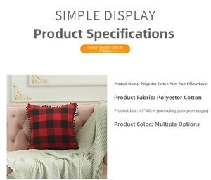 Detail of red and black buffalo plaid pillow cover with pom-pom trim, 45x45cm size