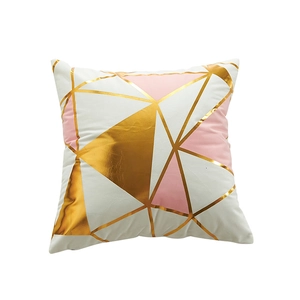 Modern square pillow cover with pink and gold foil geometric triangle patterns