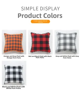 Detail of buffalo plaid pillow covers with decorative pom-pom fringe in four colors