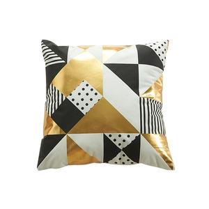 Modern square pillow cover with black white and gold laser foil geometric patterns