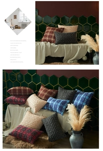 Close-up of geometric jacquard textured cushion cover made from durable yarn-dyed flax fabric