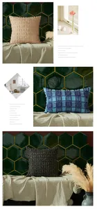 Detailed view of yarn-dyed flax pillow covers with square patterns and fabric texture