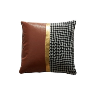 Modern gold leather and black houndstooth patchwork square decorative pillow case