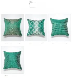 Detail of emerald green decorative pillow covers with four unique geometric patterns