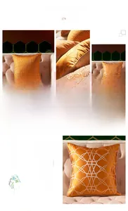 Detail of high-precision orange fabric with gold geometric patterns and piped edge finish