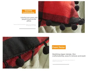Close-up of red plaid pillowcase with black pom-poms and hidden zipper detail