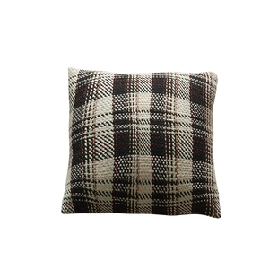 Square plaid cushion cover in black, cream, and orange wool woven fabric for home decor