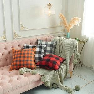 Buffalo Plaid Decorative Cushion Cover Polyester Checkered Pillowcase With Pom-poms Trim For Home Sofa Living Room Decor