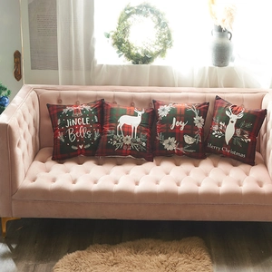 Federa per Cuscino Natalizia in Peluche Corto Motivo Tartan Renna Joy Copricuscino Stampato Rosso Verde Decorativo Festivo per Divano Arredamento Casa