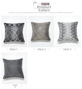 Detailed grid of four grey throw pillow covers featuring geometric and floral patterns