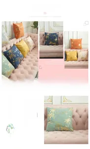 Detail of velvet pillow covers with gold palm tree foil print and smooth hidden zippers