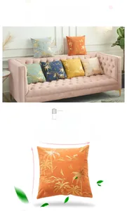 Detail of velvet pillowcases with golden tropical palm tree prints in multiple colors