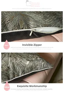 Detail of invisible zipper and white piping on luxury gold leaf jacquard pillow cover