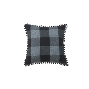 Black buffalo plaid linen cushion cover with cute pom-pom trim for home sofa decor