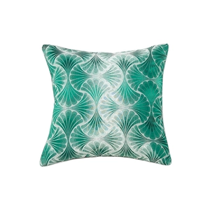 Modern teal square throw pillow cover with geometric deco pattern and white piping detail