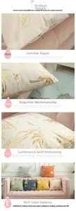 Close-up of golden palm leaf foil print on soft lamb wool cushion cover with zipper