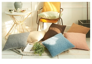 Detailed texture of colorful teddy fleece throw pillow covers in a cozy home setting